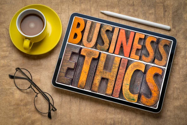Business Ethics Word Abstract Vintage Letterpress Wood Type Printing Blocks — Stock Photo, Image