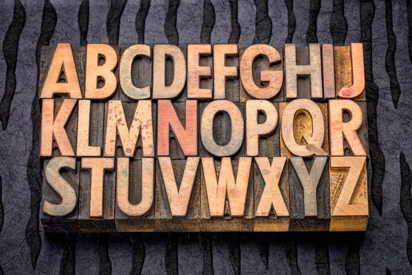 Alphabet Vintage Letterpress Wood Type Printing Blocks Black Lokta Paper — Stock Photo, Image