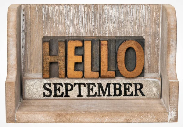 Hello September Vintage Letterpress Wood Type Grunge Wooden Box Calendar — Stock fotografie