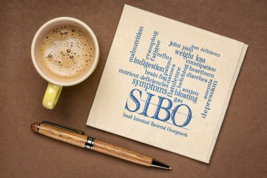 SIBO (küçük bağırsak bakterisi aşırı büyümesi) belirtileri - peçetedeki kelime bulut, bir fincan kahve ile düz uzanma, mide sağlığı konsepti
