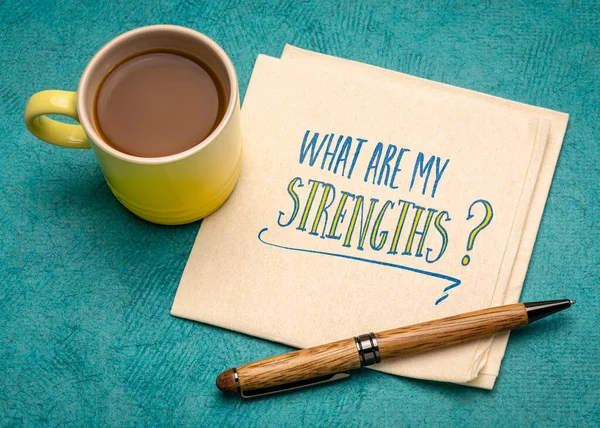 What Strengths Question Handwriting Napkin Cup Coffee Personal Development Concept — Fotografia de Stock