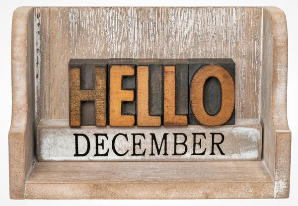 Hallo December Vintage Letterpers Hout Type Binnen Grunge Houten Doos — Stockfoto