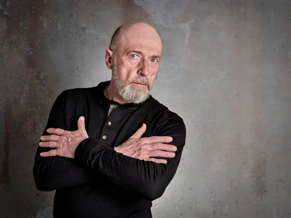 Head Shoulders Portrait Bald Bearded Thoughtful Senior Man Black Shirt — Fotografia de Stock