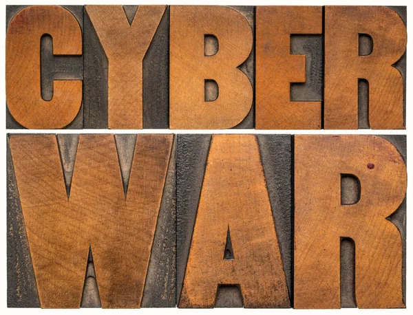 Cyber War Isolated Words Vintage Letterpress Wood Type Cyberwarfare Digital — Stock Photo, Image