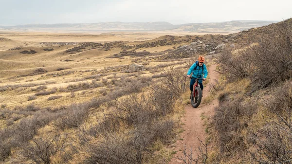 Lonely Cyclist Riding Fat Mountain Bike Single Track Trail Northern — Stock Photo, Image