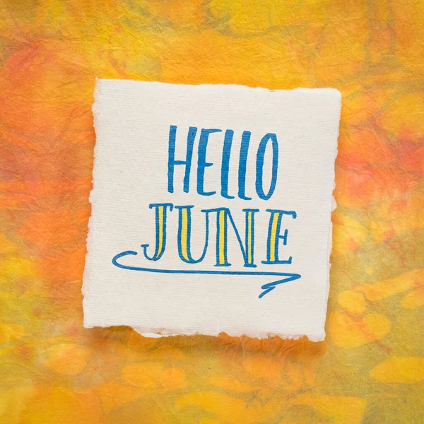 Hello June Greeting Note Handwriting White Handmade Paper Colorful Marbled — Stock Photo, Image
