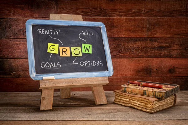 Grow Goals Reality Options Life Coaching Motivation Acronym Chalk Handwriting — Stock Fotó