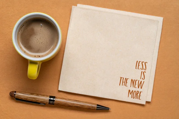 Less New More Minimalism Concept Handwriting Napkin Cup Coffee — Stock Photo, Image