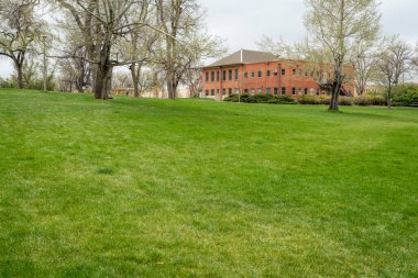 Fort Collins, Colorado 'nun ilkbahar şehir manzarası. Kırmızı tuğlalı büyük yeşil bir çimen ve arka planda köpek gezdiricisi.