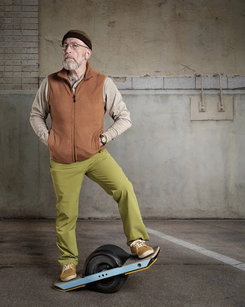 Portrait Senior Male Hipster Standing One Wheeled Electric Skateboard Grunge — ストック写真