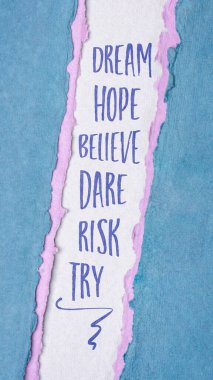 dream, hope, believe, dare, risk, try - creativity, inspirational and motivational concept, personal development, handwriting on a handmade paper, tall narrow banner clipart