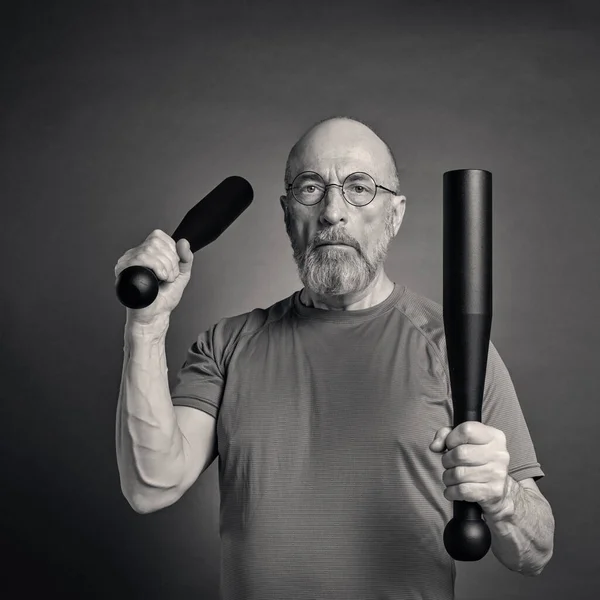 Black White Portrait Senior Man Late 60S Exercising Heavy Steel — Stock Fotó