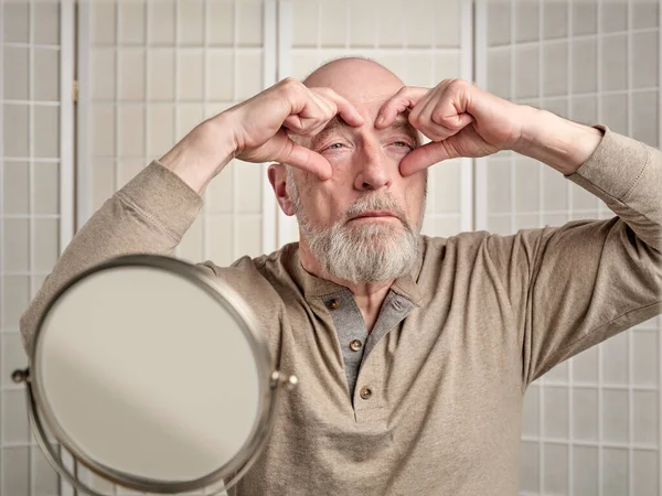 Head Shoulders Portrait Bald Bearded Senior Man Performing Face Toning — Stok fotoğraf