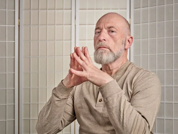 Head Shoulders Portrait Bald Bearded Senior Man Stretching His Hands — Stock Fotó