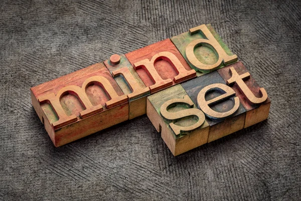 Mindset Λέξη Αφηρημένη Επιστολόχαρτο Ξύλο Τύπου Μπλοκ Εκτύπωσης Έναντι Χειροποίητα — Φωτογραφία Αρχείου