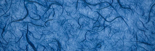 Background Dark Blue Backlit Handmade Mulberry Paper Fiber Inclusions Panoramic — Stock Photo, Image