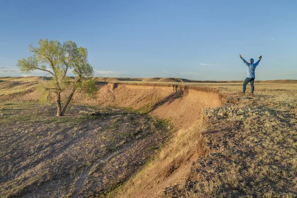 Pradera Norte Colorado Atardecer Principios Primavera Con Una Figura Masculina —  Fotos de Stock