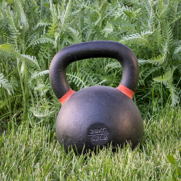 Zware Ijzeren Kettlebell Groen Gras Een Achtertuin Outdoor Fitness Concept — Stockfoto