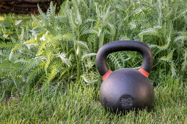 Pesadas Pesas Hierro Kettlebell Sobre Hierba Verde Patio Trasero Concepto —  Fotos de Stock