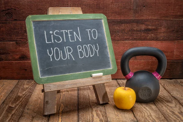 Listen Your Body Reminder Slate Blackboard Sign Weathered Red Painted — Stock Photo, Image