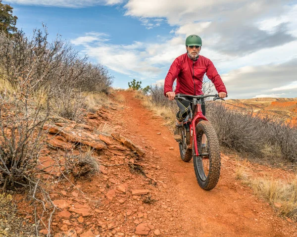 Senior Male Riding Fat Mountain Bike Single Track Trail Red — Stock Photo, Image