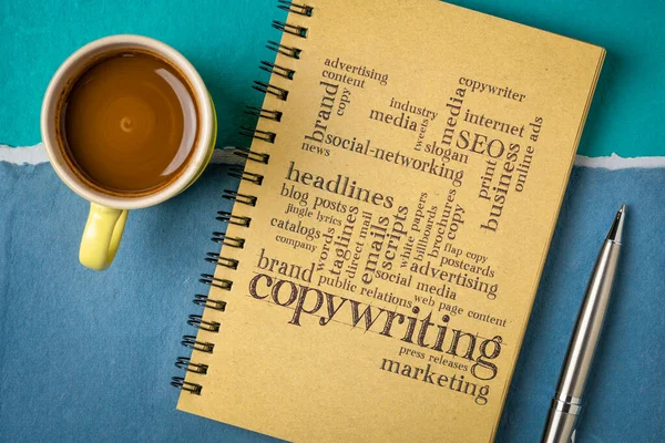 Copywriting Word Cloud Handschrift Een Notebook Met Een Kopje Koffie — Stockfoto