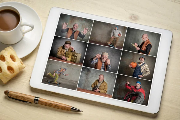 Revisando Conjunto Retratos Estudio Una Tableta Digital Con Mismo Modelo — Foto de Stock