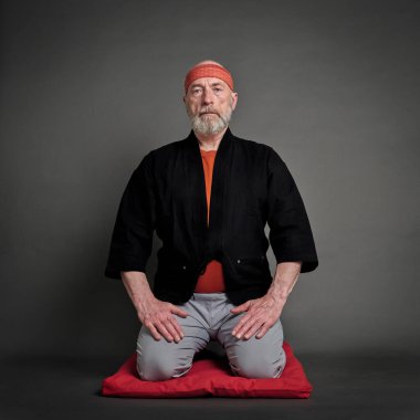 Kel ve sakallı yaşlı bir adamın portresi kısa bir kimono giymiş ve geleneksel bir Japon koltuğunda oturmuş yastık kılıfında oturmuş meditasyon yapıyor, dua ediyor ya da meditasyon yapıyor.