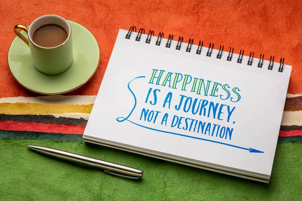 Felicità Viaggio Non Una Destinazione Una Nota Ispiratrice Calligrafia Taccuino — Foto Stock