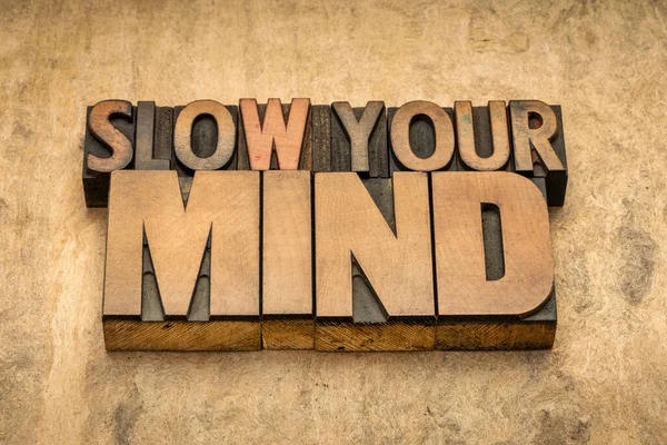 Slow Your Mind Advice Word Abstract Vintage Letterpress Wood Type — Stock Photo, Image