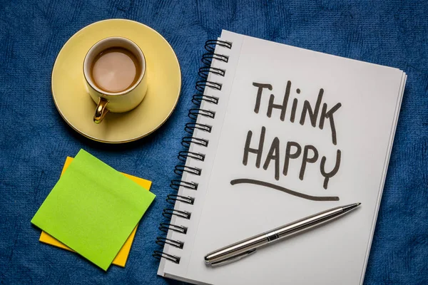 Think Happy Inspirational Handwriting Sketchbook Cup Coffee Personal Development Mindset — ストック写真