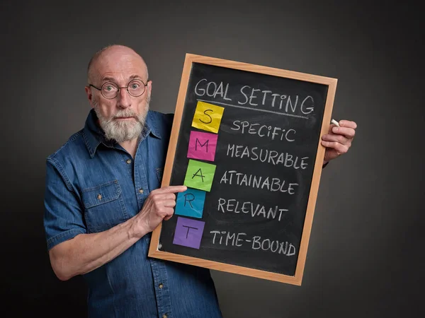 SMART goals ((Specific, Measurable, Attainable, Relevant, Time-bound), Senior man is sharing goal setting methodology on a blackboard.