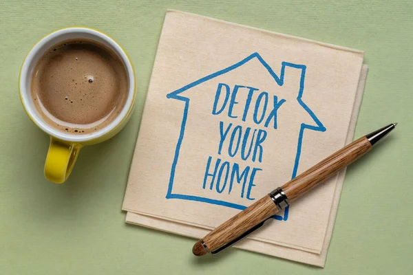 あなたの家をデトックス コーヒー 健康的な環境と生活の概念とナプキンにインスピレーションを与えるアドバイス 手書きとスケッチ — ストック写真