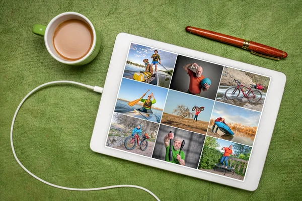 Tableta Digital Que Muestra Imágenes Hombre Mayor Mismo Modelo Involucrado — Foto de Stock