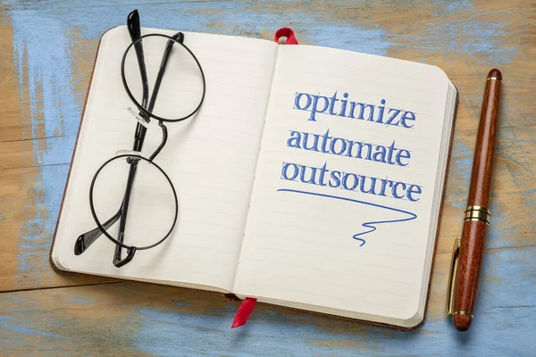 Optymalizacja Automatyzacja Outsourcing Koncepcja Biznesowa Charakter Pisma Notebooku — Zdjęcie stockowe
