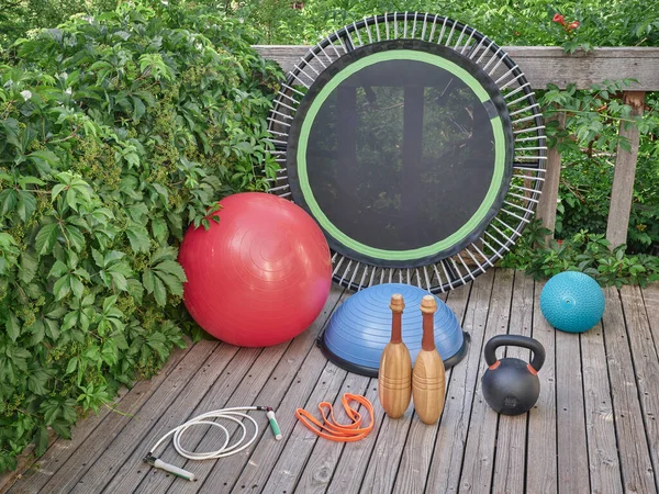 Jimnastik Konsepti Smaç Sviçre Topları Bosu Topu Demir Kettlebell Mini — Stok fotoğraf