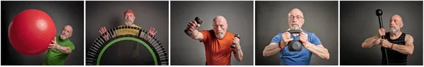 functional fitness and healthy lifestyle web banner featuring active senior man in late 60s involved in a variety of exercises