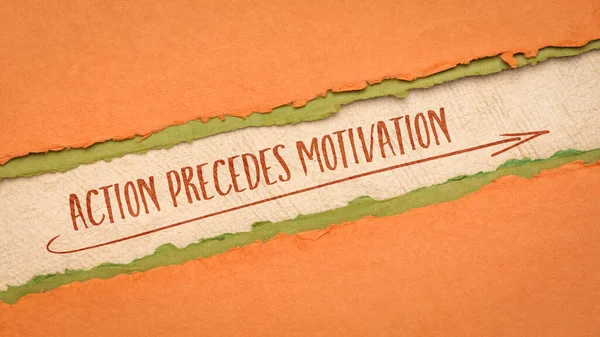 Action Precedes Motivation Diagonal Web Banner Inspirational Handwriting Handmade Paper — Fotografia de Stock