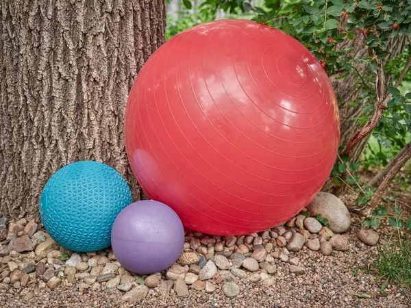 Equilibrio Suizo Medicina Balones Entrenamiento Slam Patio Trasero Concepto Fitness — Foto de Stock