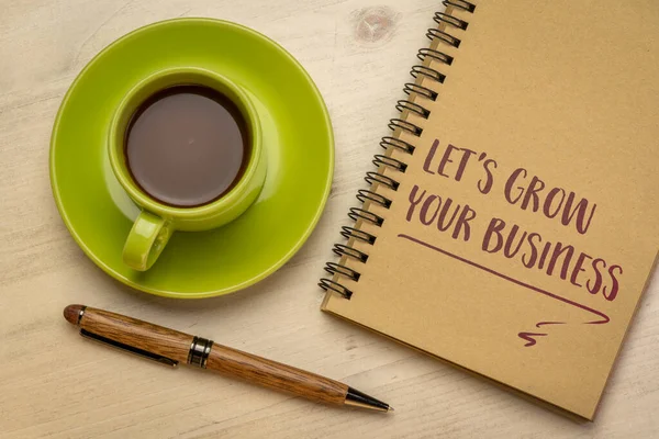 Let Grow Your Business Handwriting Notebook Cup Coffee Offer Help — 图库照片