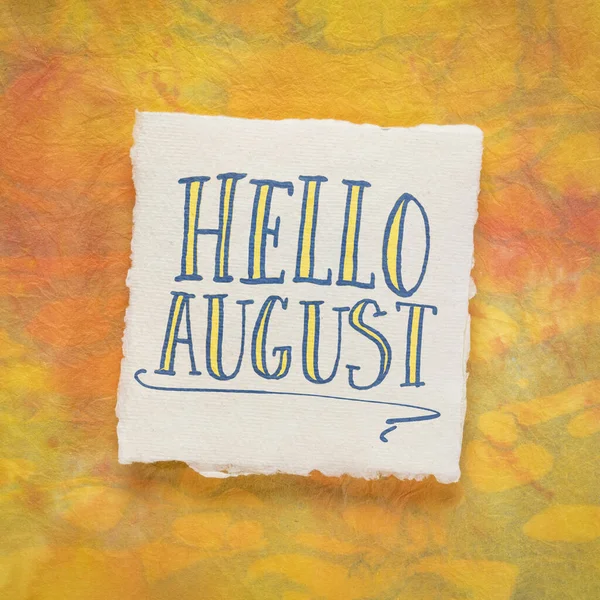 Hello August Greeting Note Handwriting White Handmade Paper Colorful Marbled — Stock Photo, Image