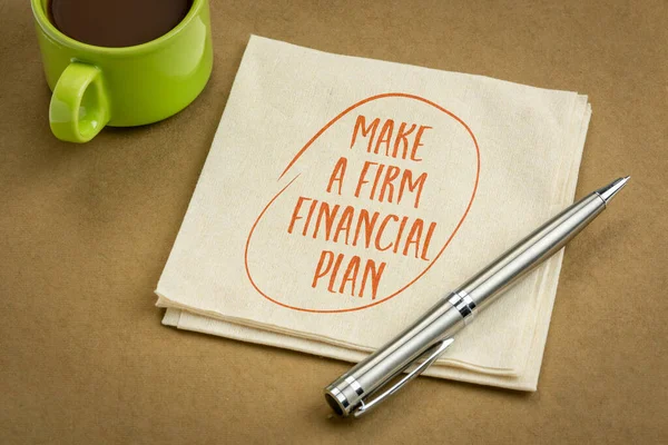 make a firm financial plan - motivational advice or reminder, writing on napkin with coffee