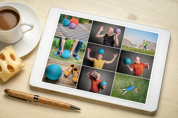 Medicine Slam Balls Workout Reviewing Set Pictures Digital Tablet Featuring — Stock Photo, Image