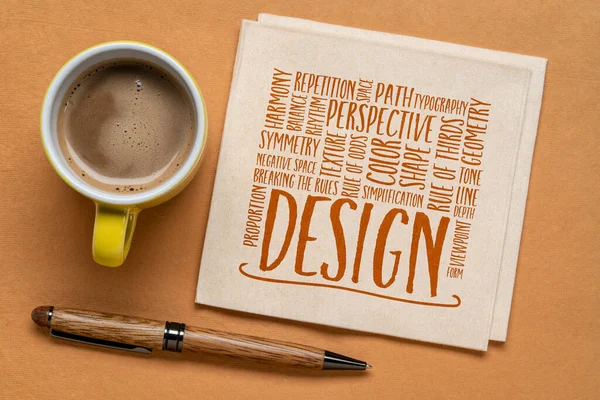 Design Elements Rules Word Cloud Napkin Flat Lay Coffee — Stock Photo, Image