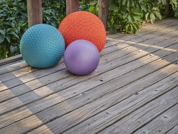 Three Heavy Slam Balls Filled Sand Backyard Deck Morning Light — Foto de Stock