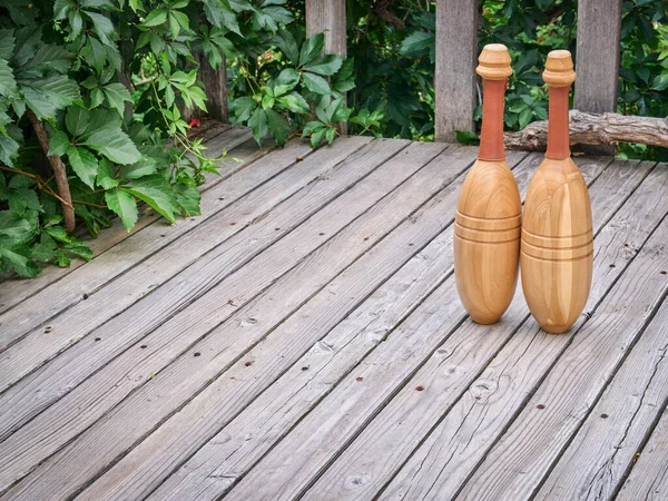 Pair Indian Exercise Clubs Wooden Deck Functional Fitness Concept Clubs — Stock Photo, Image