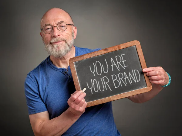 Senior Man Businessman Mentor Showing Blackboard You Your Brand Sign —  Fotos de Stock