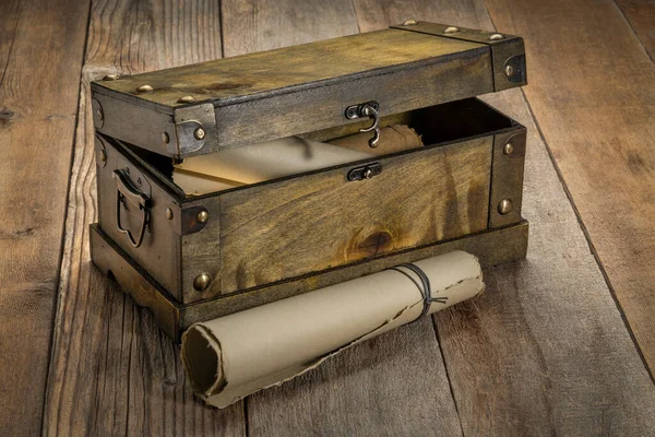 Retro Decorative Case Storage Box Rolls Antique Paper Rustic Wood — Photo