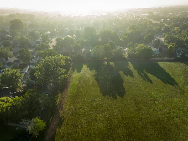 Foggy Summer Sunrise Residential Area Fort Collins Northern Colorado Aerial — Photo