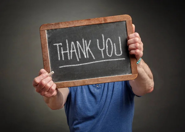 Thank You White Chalk Writing Slate Blackboard Held Men Gratitude — Stockfoto